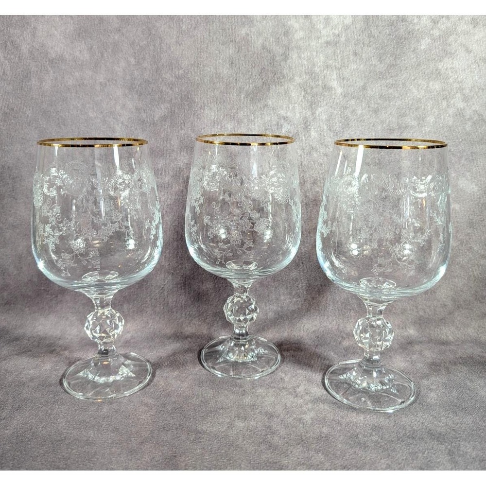 Vintage Bohemia Queen's Lace Crystal Etched Wine/Water Goblets w/Gold Trim set 3